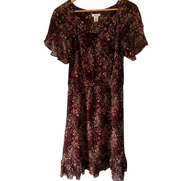 Sundance Dress Midi 100% Silk Floral Burgundy Tulip‎ Sleeve Romantic Boho Size S - Picture 1 of 9